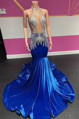 Royal Blue Halter Velvet Mermaid Silver Beaded Prom Dresses