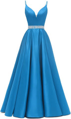 Spaghetti Straps Prom Dress Long Satin Beaded V-Neck Formal Evening Party Ball Gowns with Pockets