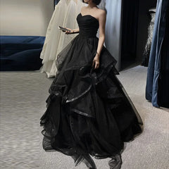 Black Elegant Party Prom Dresses Strapless Tiered Draped Ball Gown Formal Dress Women Robe