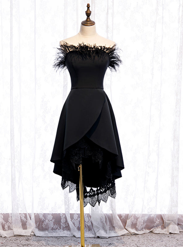 A-Line Black Satin  Lace Of the Shoulder Prom Dress