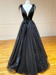 A Line Black V Neck Tulle Long Prom Dress