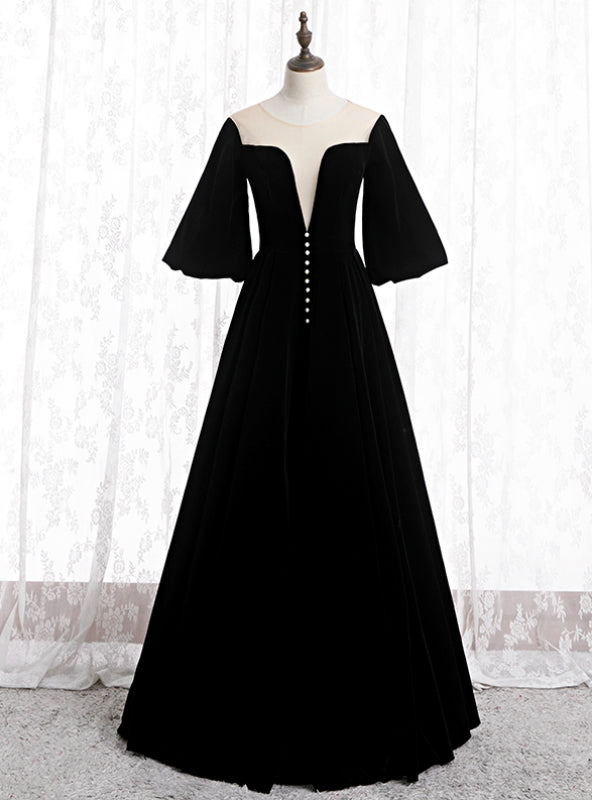 A-Line Black Velvet Horn Sleeve See Through Prom Dress