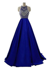 A-Line Blue Halter Satin Beading Prom Dress With Pocket