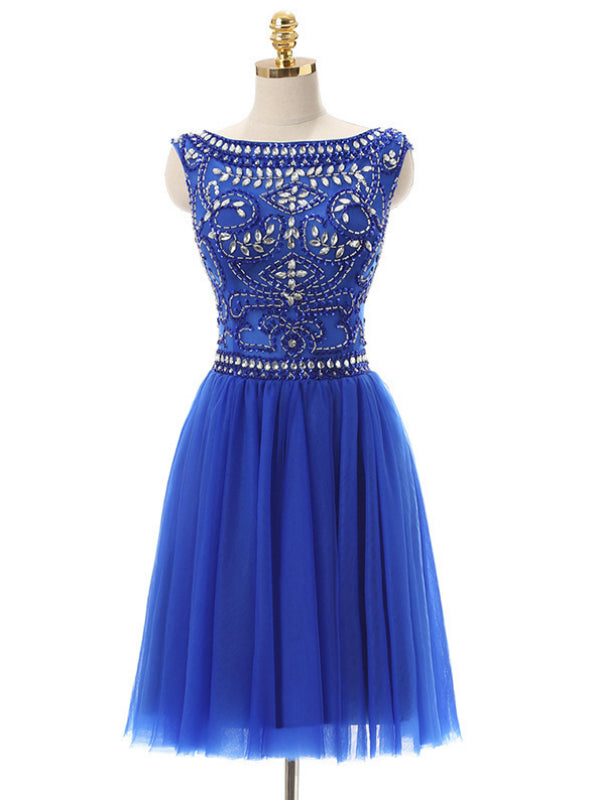 A-Line Blue Tulle Crystal Beading Backless Homecoming Dress