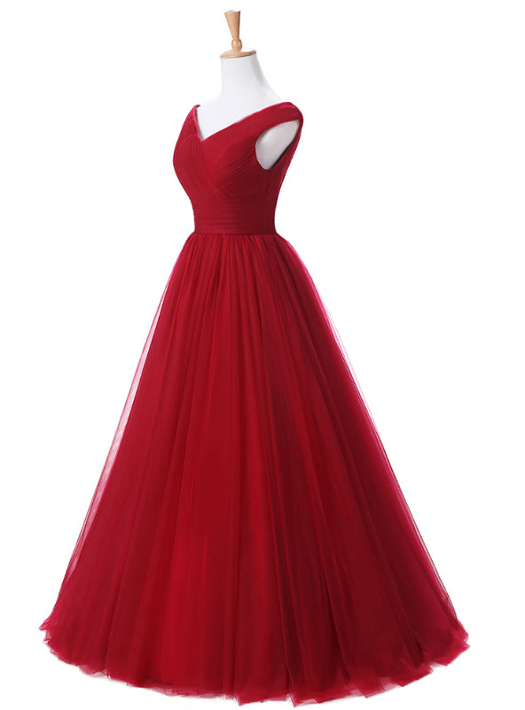 A Line Burgundy Long V-neck Tulle Prom Dresses