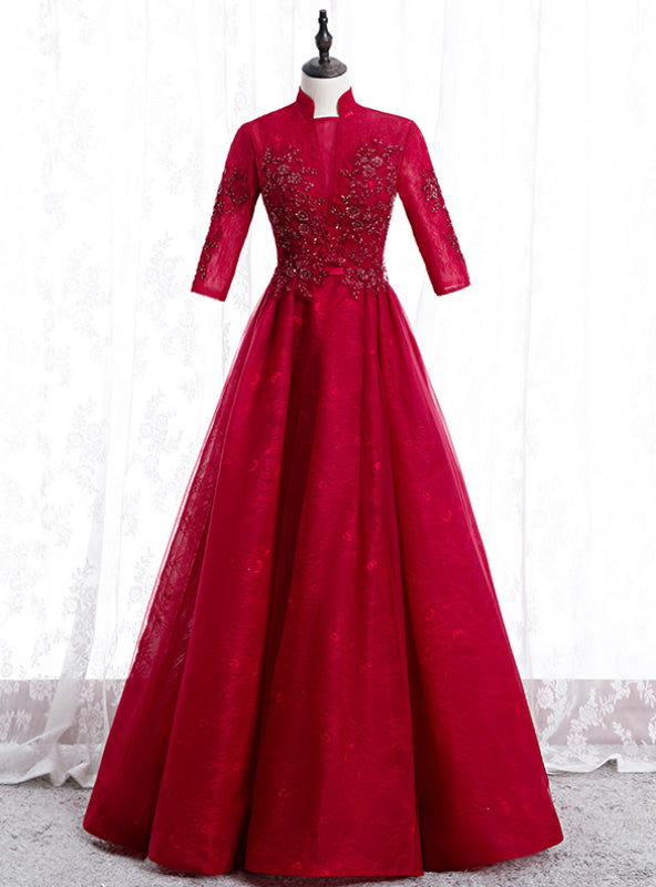 A-Line Burgundy Tulle Lace High Neck Short Sleeve Prom Dress