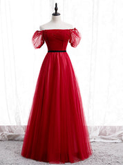 A-Line Burgundy Tulle Puff Sleeve Off the Shoulder Prom Dress