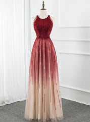 A-Line Burgundy Tulle Scoop Sleeveless Beading Sequins Prom Dress