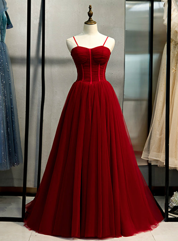 A-Line Burgundy Tulle Spaghetti Straps Pleats Prom Dress