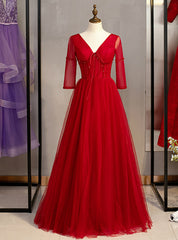 A-Line Burgundy Tulle V-neck Short Sleeve Beading Prom Dress