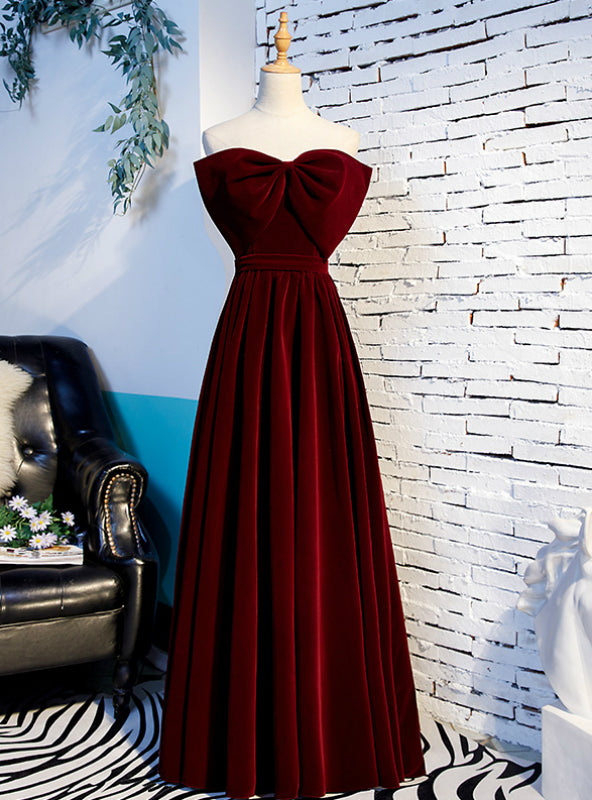 A-Line Burgundy Velvet Strapless Long Prom Dress With Bow