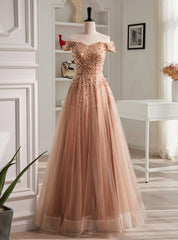 A-Line Champagne Tulle Beading Sequins Prom Dress