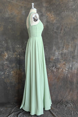 A Line Halter Chiffon Green Pleated Long Bridesmaid Dress