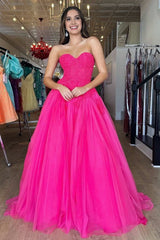 A-Line Hot Pink Tulle Lace StraplessLong Prom Dress