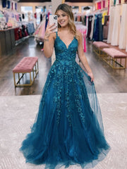 A Line Ink Blue Glitter Tulle Lace Prom Dress