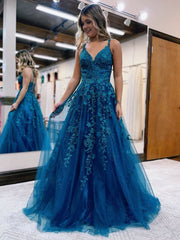 A Line Ink Blue Glitter Tulle Lace Prom Dress