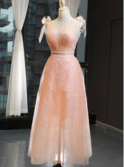 A-Line Orange Tulle Appliques Bateau Pleats Prom Dress With Beading