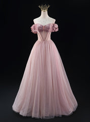 A-line Pink Tulle Off the Shoulder Beading Pleats Prom Dress