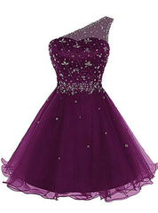 A-Line Purple Tulle One Sholuder Beading Crystal Homecoming Dress