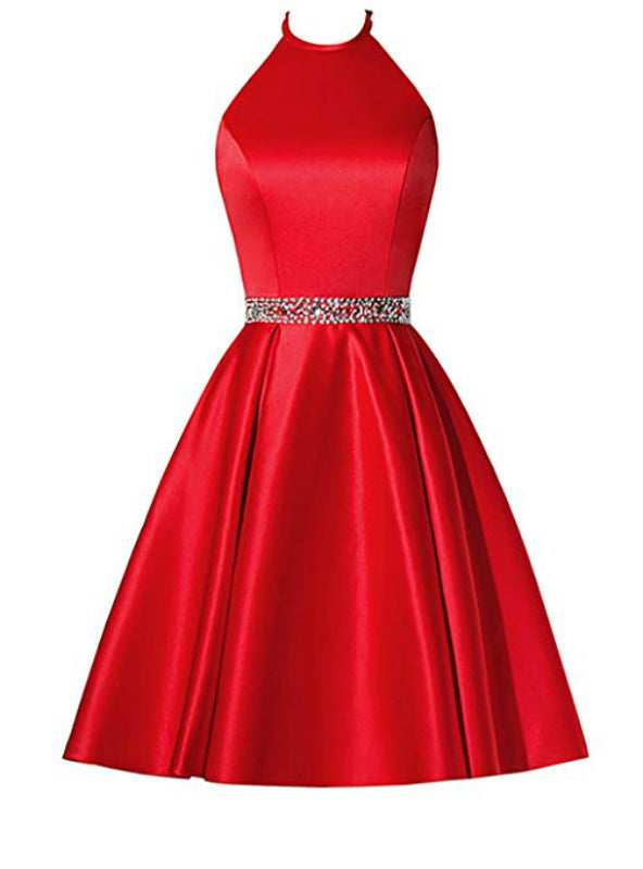 A-Line Red Satin Halter Beaidng Crystal Homecoming Dress With Pocket