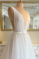 A Line Sexy V neck Pearls Elegant Wedding Dress