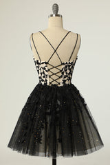 A Line Spaghetti Straps Black Homecoming Dresses Short Prom Dresses with Appliques