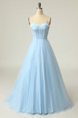 A Line Spaghetti Straps Sky Blue Long Prom Dress