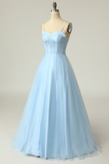 A Line Spaghetti Straps Sky Blue Long Prom Dress