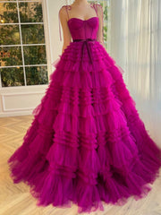 A Line Strapless Fuchsia Tiered Long Tulle Prom Dress