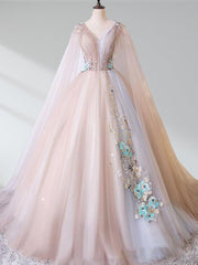 A Line Tulle Pink Embroidery Appliqued Long Prom Dresses