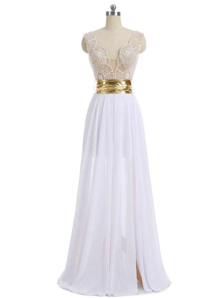 A-line V-neck Cap Sleeves Floor Length Chiffon Pearls Slit Prom Gown