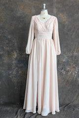 A-Line V-Neck Long Sleeves Long Chiffon Bridesmaid Dresses With Split Side Pockets