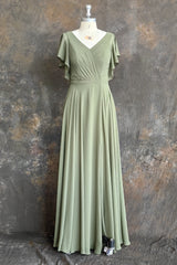 A-line V-neck Ruffle Sleeves Pleats Chiffon Bridesmaid Dress with Ruffles