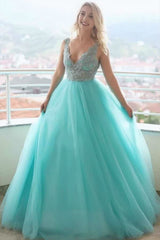 A-line V neck Tulle Lace Long Prom Dress Evening Dress