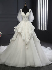 A-Line White Tulle Short Sleeve Sweetheart Appliques Wedding Dresses