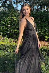 Black A-line Deep V Neck Cross Back Tulle Multi-Layers Long Prom Dress