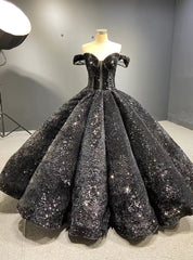 Ball Gown Black Sequins Off the Shoulder Appliques Prom Dress