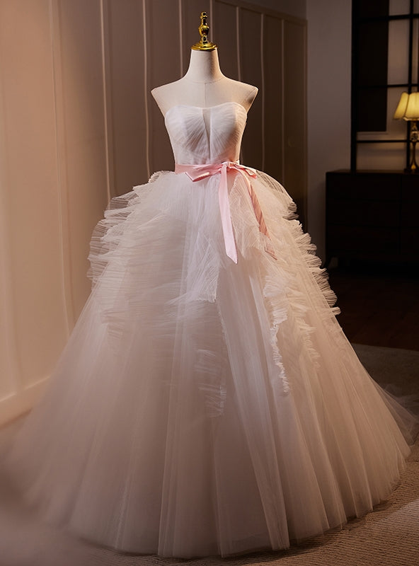 Ball Gown White Tulle Strapless Pleats Wedding Dress