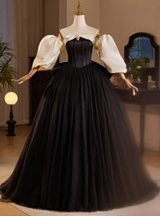 Black Ball Goen Satin Strapless Puff Sleeve Prom Dress