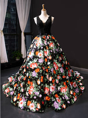 Black Ball Gown Satin Lace Print V-neck Prom Dress With Beading