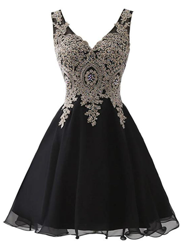 Black Chiffon V-neck Lace Appliques Beading Homecoming Dress