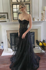 Black Corset A-Line Tulle Long Prom Dress with Lace