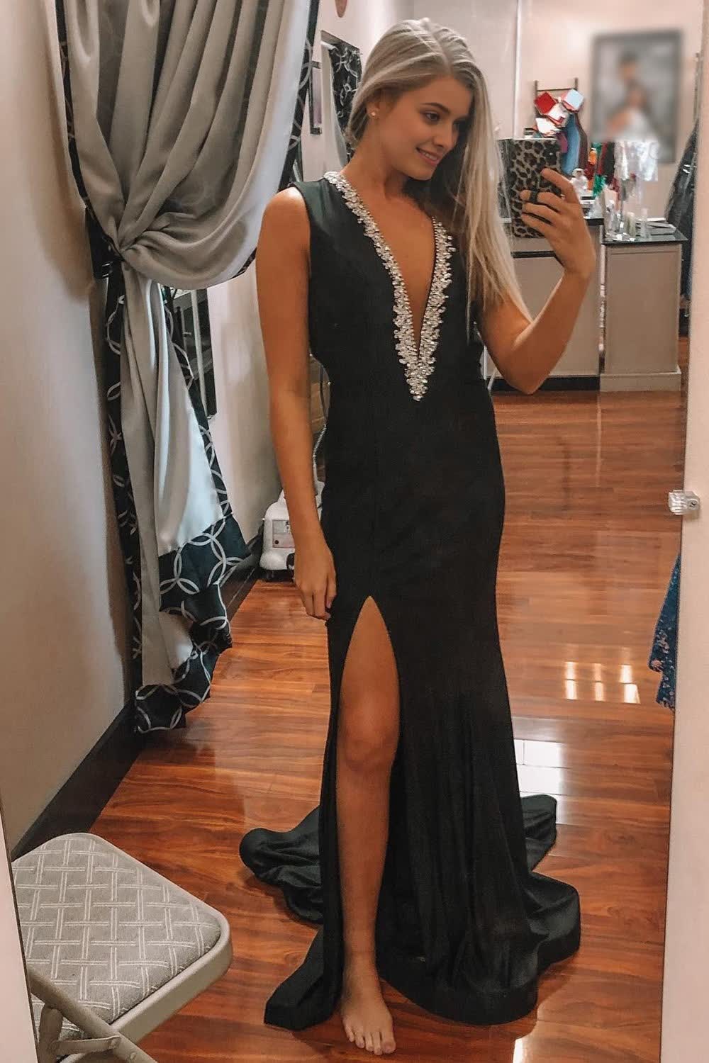 Black Deep V-Neck Mermaid Prom Dress with Slit