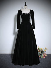 Black Long Sleeve Velvet Crystal Prom Dress