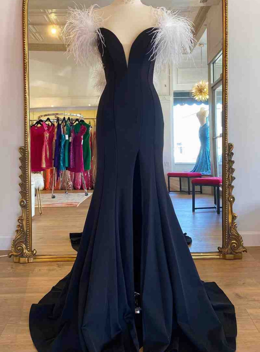 Black Mermaid Off the Shoulder Feather Prom Dress