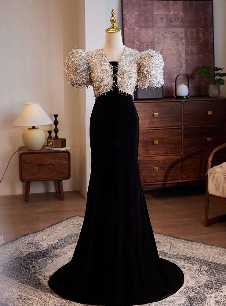 Black Mermaid Velvet Puff Sleeve Prom Dress