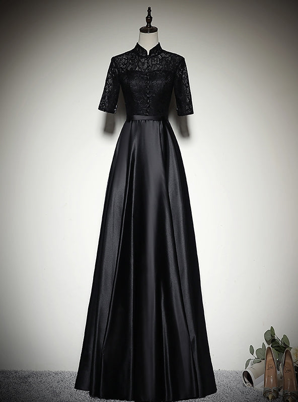 Black Satin Lace Short Sleeve Prom Dress