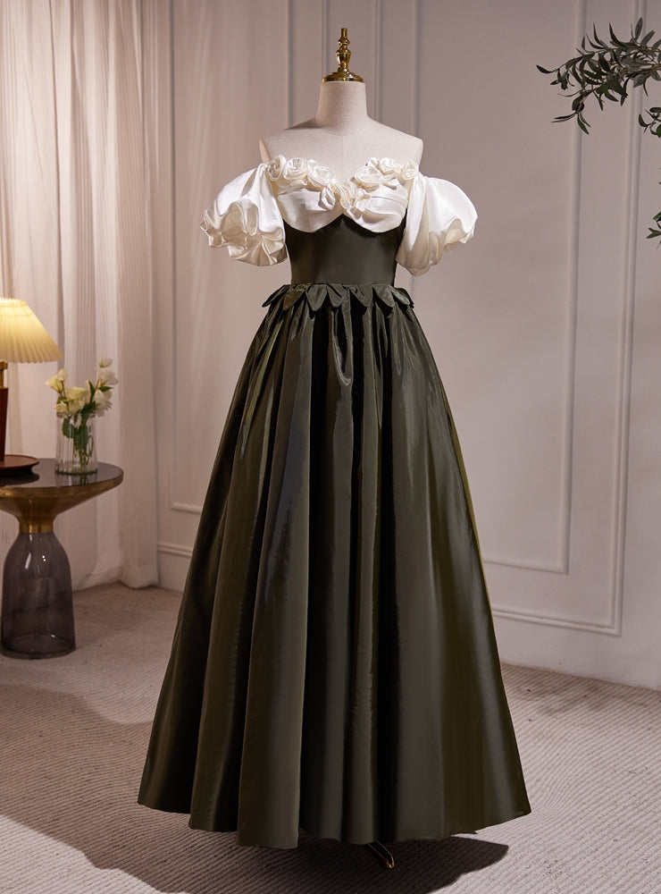 Black Satin Puff Sleeve Flower Prom Dress