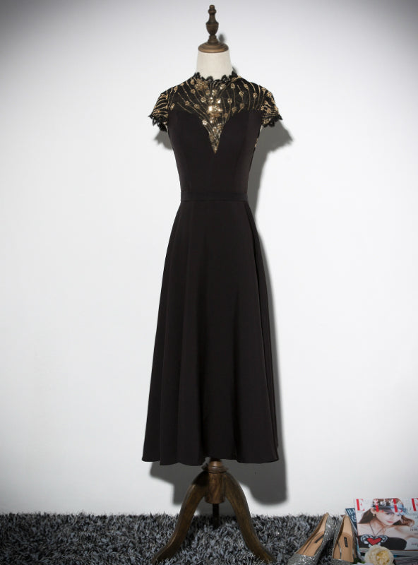 Black Satin Sequins Cap Sleeve High Neck Prom Dress