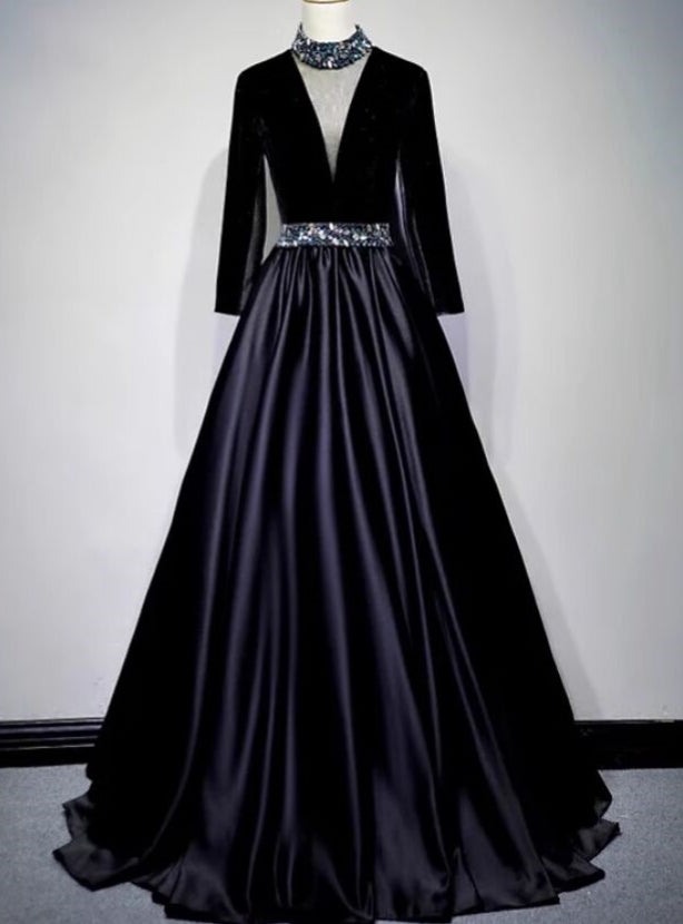 Black Satin Velvet Long Sleeve Crystal Prom Dress